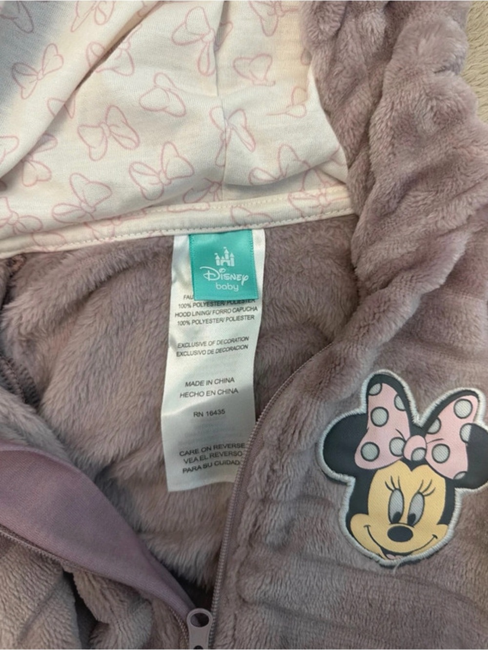 Disney Minnie Mouse Plush Hooded Footie - Mauve - Picture 5 of 5